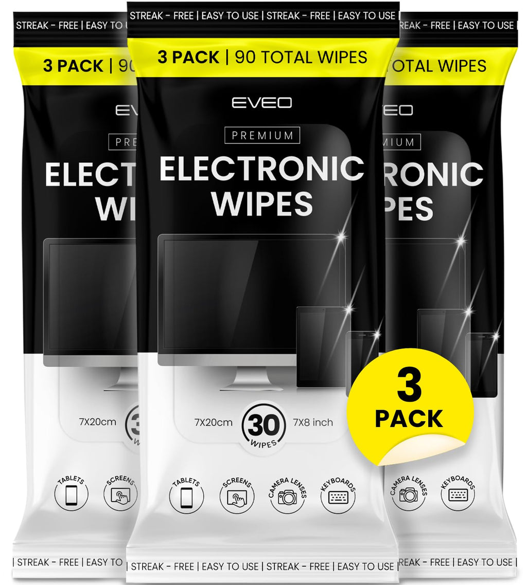 EVEO Electronic Wipes Screen Cleaner-TV Screen Cleaner Wipes, Computer Screen Cleaner, Laptop Screen Cleaner, ipad & Monitor Cleaner, TV Cleaner Screen Cleaning Wipes - [90 Wipes + Microfiber Cloth ] 3 pack (90 wipes)