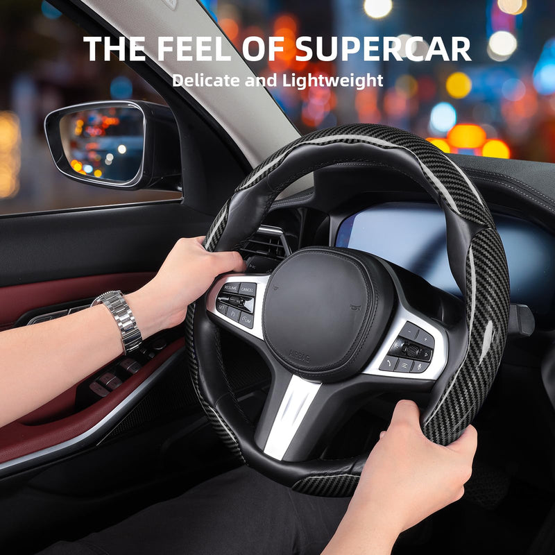 Carbon Fiber Steering Wheel Covers 3 Piece Clip on Steering Wheel Cover (Black) Black 14"-16"