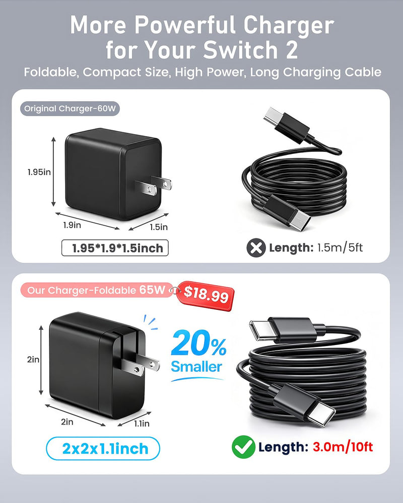 10ft Switch 2 Charger, 65W AC Power Adapter for Nintendo Switch 2/1 | Fast Charger for Console in 2.5H, Foldable Plug, Docked TV Mode, Long Charging Cable for Switch OLED/Lite, Built-In Safety
