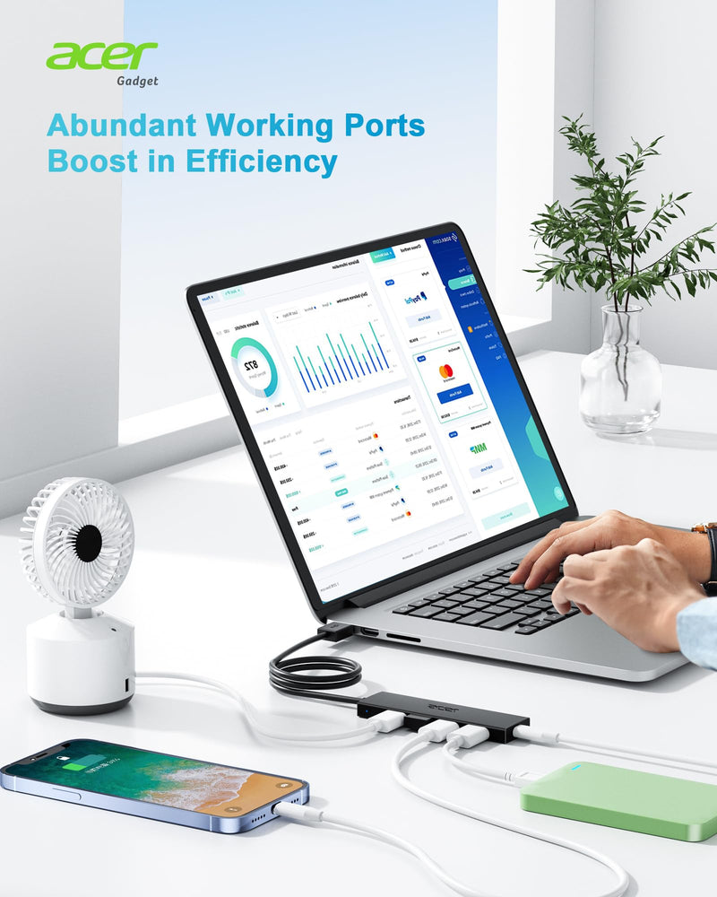 Acer USB Hub 4 Ports, Multiple USB 3.0 Hub, USB A Expander for Laptop with USB C Power Port, USB Extender for A Port Laptop, Windows, Linux, Acer PC, and More (4ft) 4ft USB-A 3.0