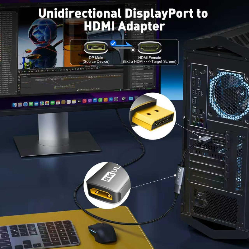 8K@60Hz Active DisplayPort 1.4 to HDMI 2.1 Unidirectional Adapter | DP Source to HDMI Display Converter, Supprt 4K@240Hz 2K@240Hz HDCP 2.3 Compatible with Desktop Projector AMD NVIDIA No VRR