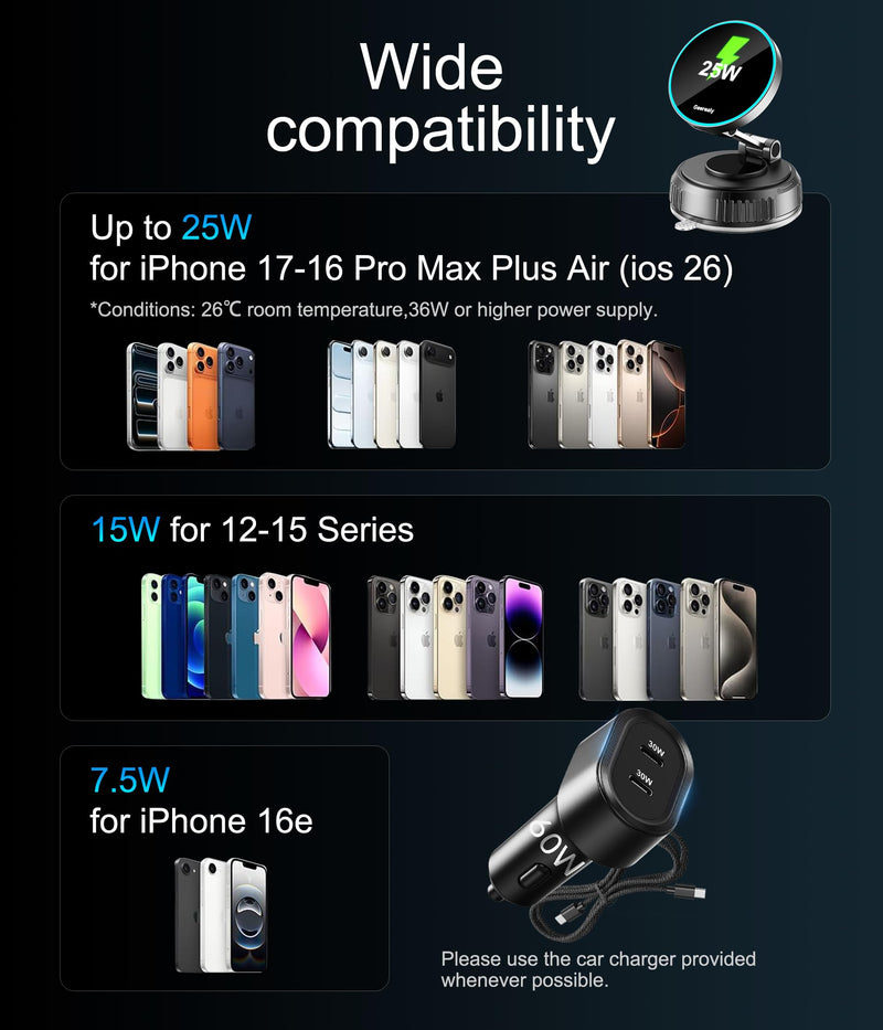for 25W Magsafe Car Mount Charger，Adhesive & Vacuum Suction Cup Phone Mount | Fast Charging Mag Safe iPhone Car Mount Magnetic Wireless Car Charger Car Phone Holder for iPhone 17 16 15 14 13 12