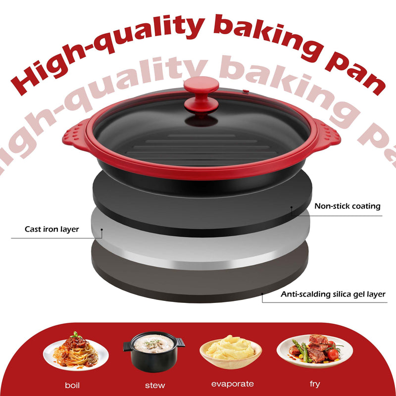 Microwave Grill Pan with Glass Splatter Cover（BPA Free） | Nonstick Microwave Crisper Pan & Cookware Accessories for Grilling Meat, Sandwich, Chicken Wings, Sausage,Dishwasher Safe Red+Glass