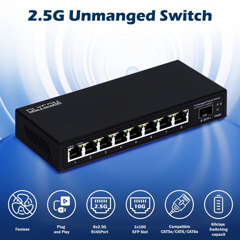 8 Port 2.5G Unmanaged Ethernet Switch 8x2.5GBase-T Ports 1x10G SFP+ Fiber Switch 60Gbps Bandwidth Desktop/Wall Mount Plug and Play Compatible with 100/1000/2500Mbps(9port| 8×2.5G + 1×10G SFP+) 9port| 8×2.5G + 1×10G SFP+
