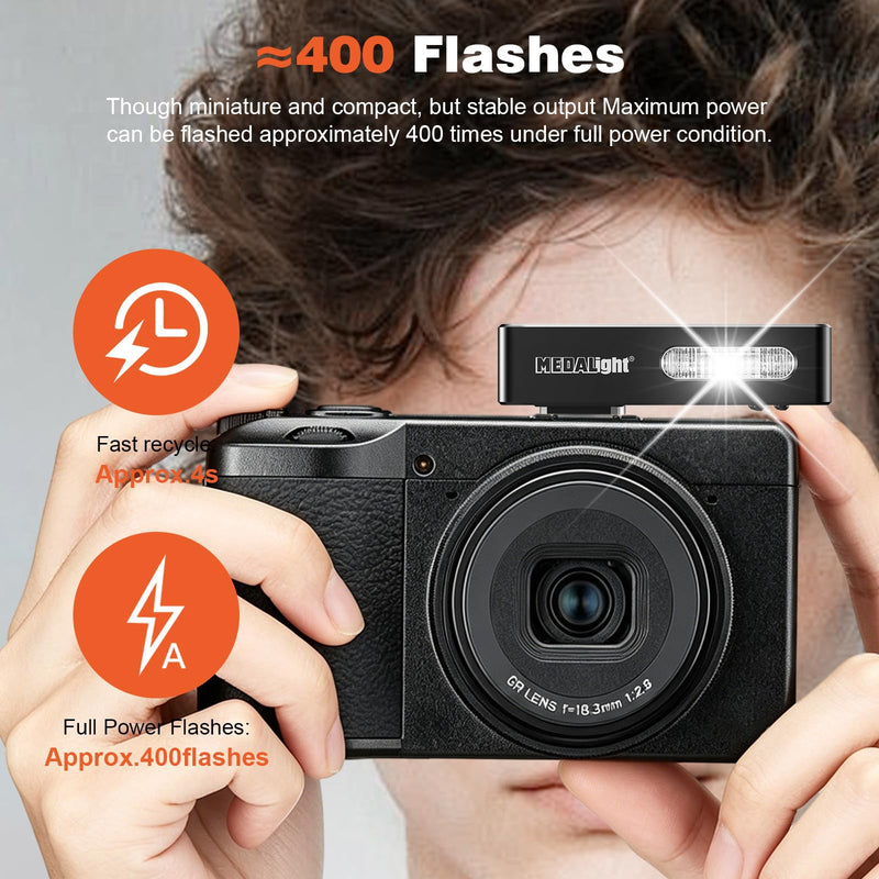 MEDALight F20 Mini Camera Flash for GR IV,Aluminum Hot Shoe Speedlite Compatible for RICOH GR IV/GR 3/GR 3X,6200K,2 Power Levels Portable Manual Flash(Black). Black