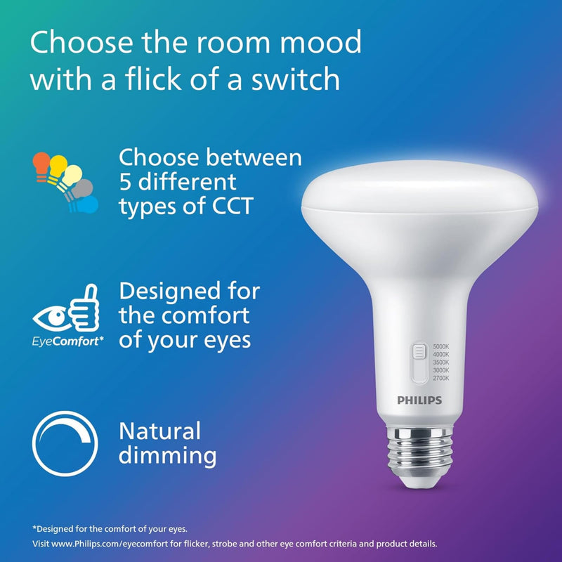 PHILIPS LED 65W BR30 6-Pack Selectable White Multi-CCT 650 Lumen (7.2 = 65W) Dimmable Frosted Flicker-Free Light Bulbs