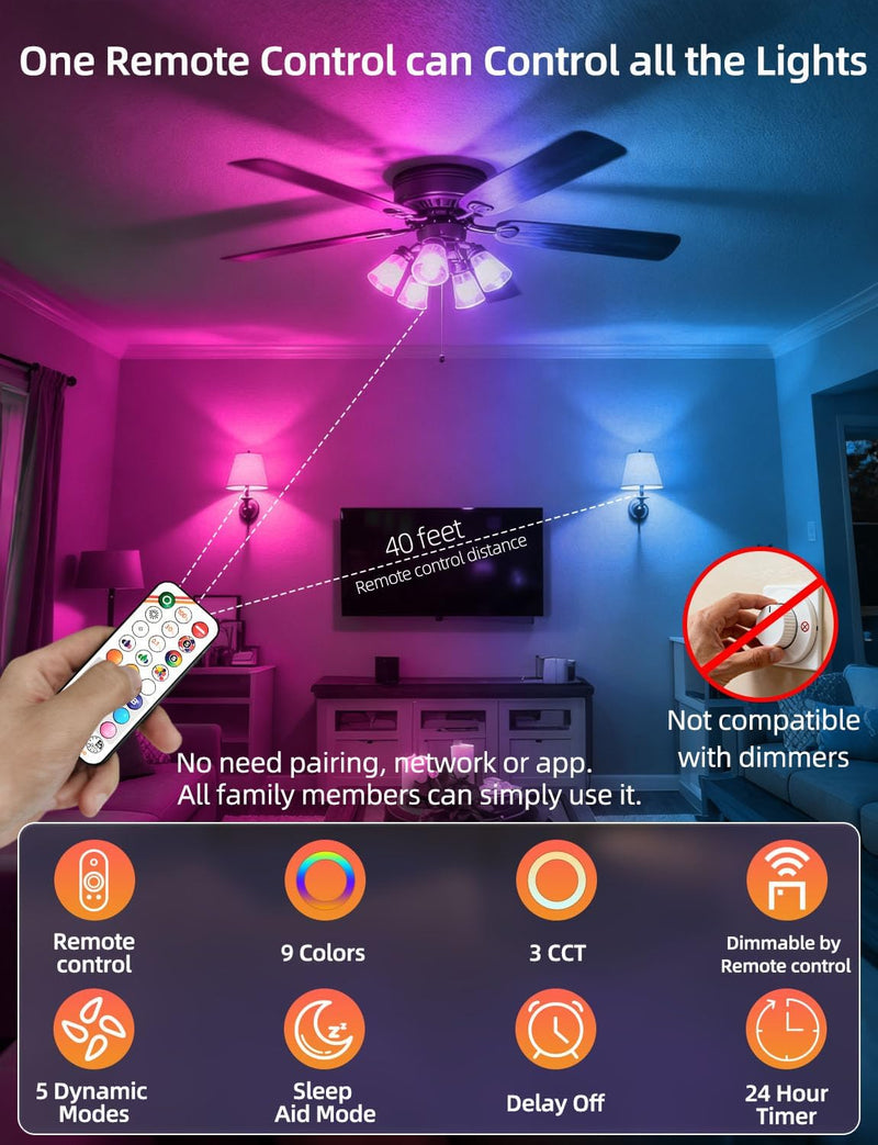 HEKEE Color Changing Light Bulbs E26, 40W Equivalent, 500LM, 3CCT, 9 Colors, 5 Dynamic Color Modes, Sleep Mode, Timer A15, 5W LED with 2 IR Remote Controls(6 Packs) 6 Pack
