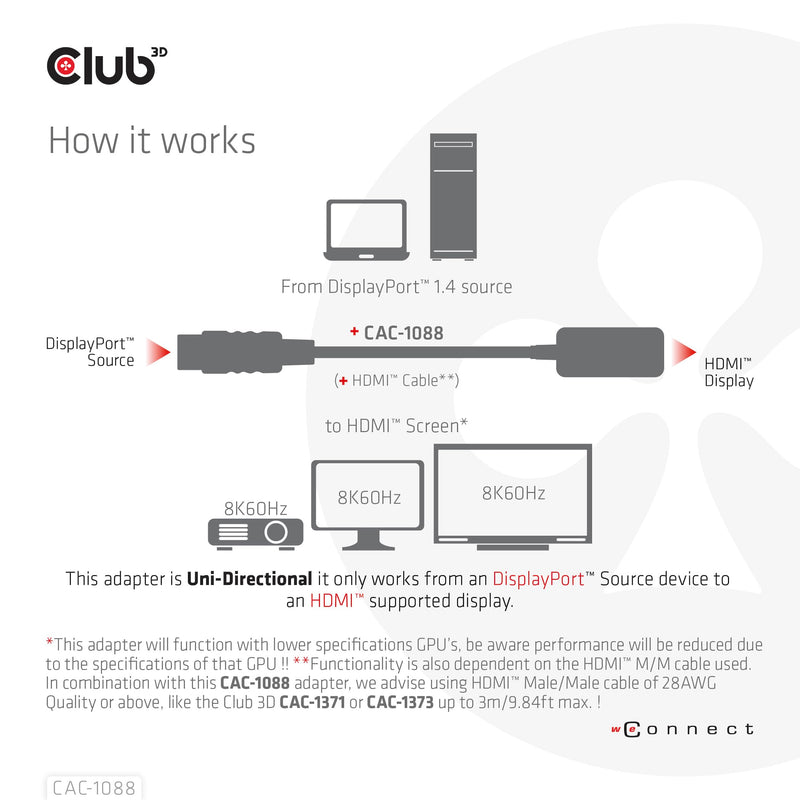 Club 3D DisplayPort to HDMI Cable 8K@60Hz 4K@120Hz Active Adapter - Gaming PC Laptop Console to Monitor TV - DP 1.4 to HDMI 2.1 HDR10+ Dolby Vision Converter CAC-1088