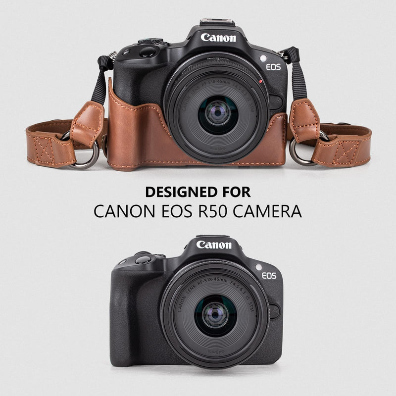 MUZIRI KINOKOO Protective Case for Canon EOS R50/R100 Camera and 18-45mm Lens, PU Leather EOSR50 R100 Camera Bag Including Half Case, Flip Cover, Shoulder Strap and Storage Pocket - Coffee