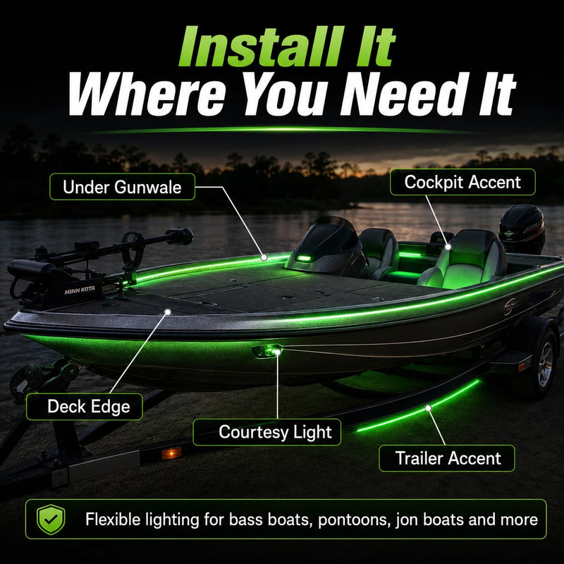 Seaponer Pontoon Boat Light - LED Strip for Duck, Bass, Sail, Kayak - Flexible Deck & Interior Courtesy Lights - Green, 12v 10m (32.8ft)