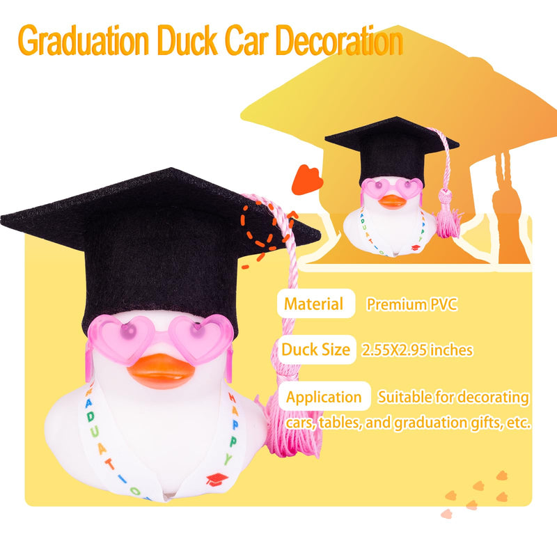 Graduation Rubber Duck Car Ornaments, Duck Car Dashboard Decorations for Graduation Gift with Mini Sunglasses Graduate Hat and Sash(G4) G4-white-pink