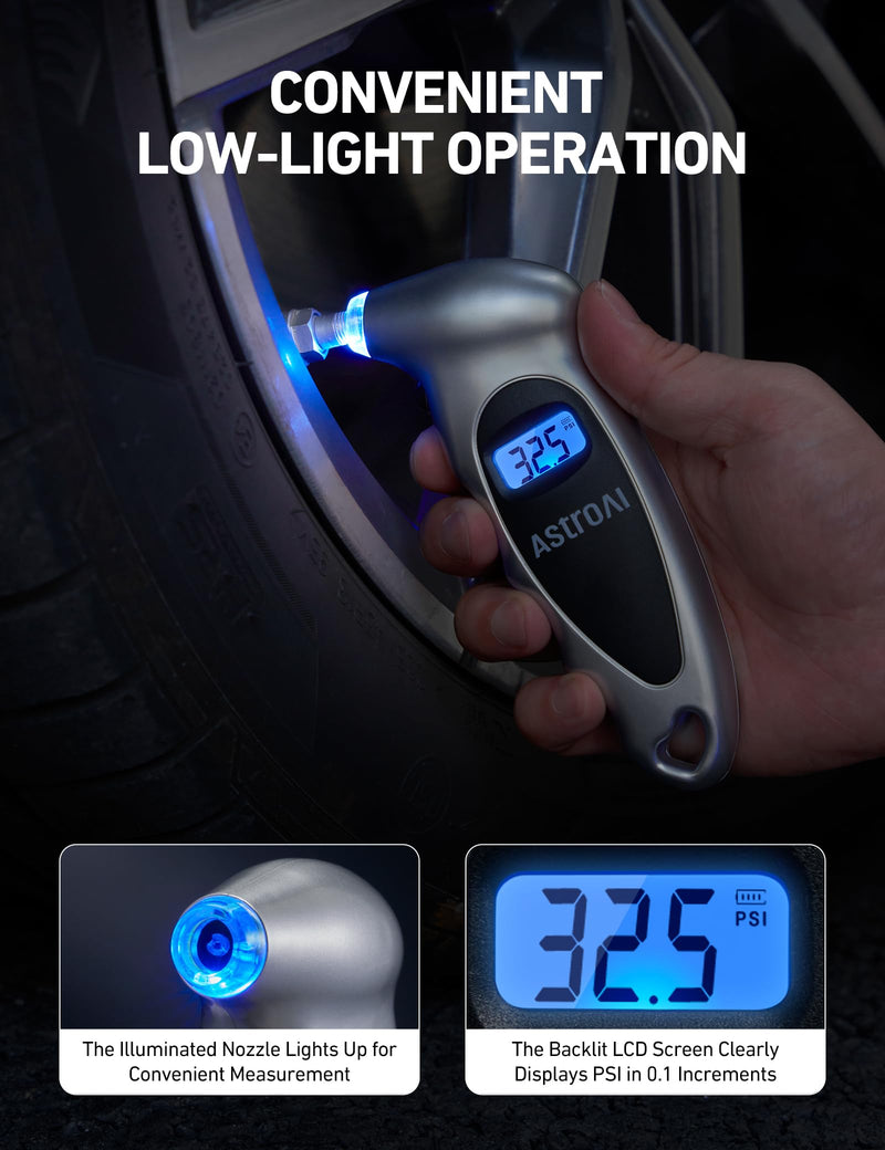  [AUSTRALIA] - AstroAI Digital Tire Pressure Gauge 0-150PSI Calibrated to ANSI B40.7 +/-1PSI, 4 Units for Car Truck Bicycle with Backlight LCD and Presta Valve Adaptor, Sliver, 4Pack Silver