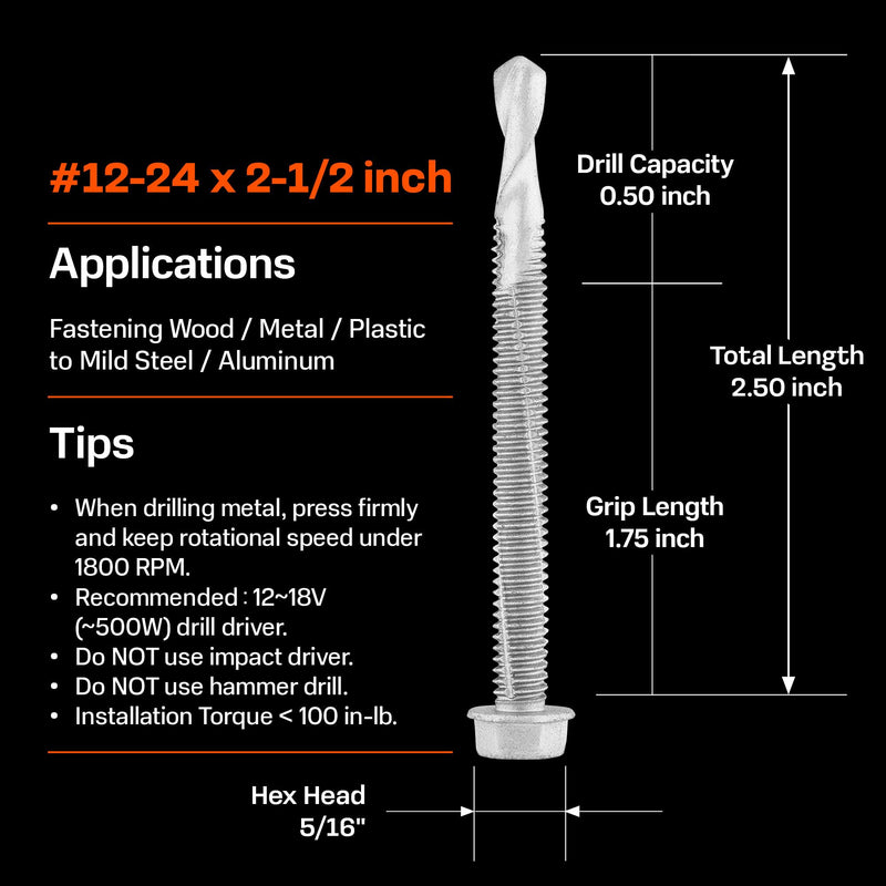 SUNKIN 46PCs Self Tapping Screws for Metal, Hex Head #12 x 2-1/2 Inch, Self Drilling for Thick Steel, Less Effort Installation, Long Lasting Anti Rust Coating #12 x 2-1/2 inch(46pcs)