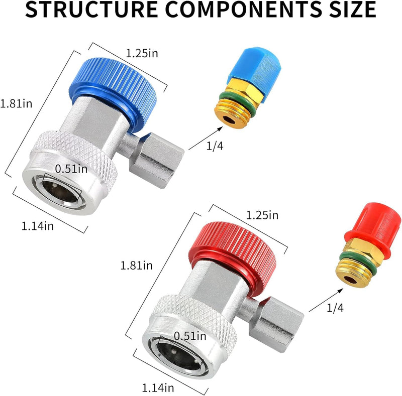 R134a Quick Coupler Adapter, Adjustable R134a Adapters and AC Hose Fittings, HP and LP Connectors for R134a Car AC System Evacuation Recharging and More, 1/4" Flares,2 Set