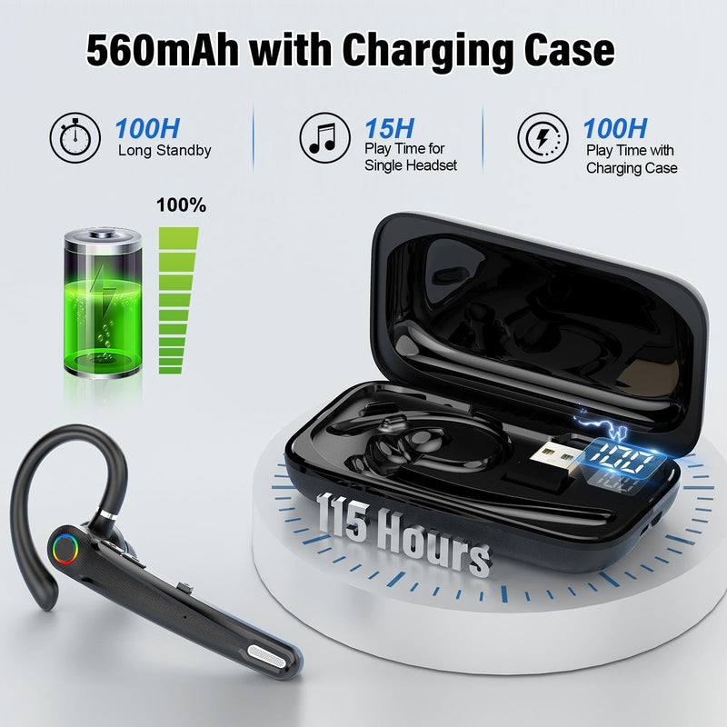 Atheewon Bluetooth Headset V5.4, Wireless Bluetooth Earpiece with Dual Mic Noise Cancelling, 115H Playtime Computer Headset Hand Free Headphones for Trucker, Driver, Home, Work, Business Black