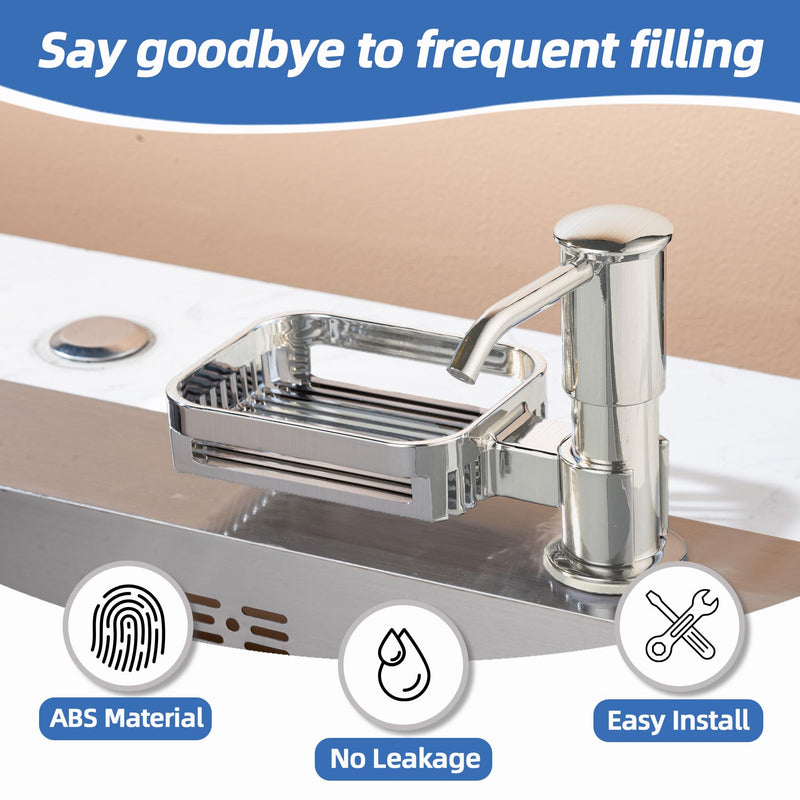 Soap Dispenser for Kitchen Sink, Built in Soap Dispenser Pump with Sponge Holder, Under Counter Brushed Nickel ABS Pump Head with 38" Extension Tube Kit, Good Suction Power