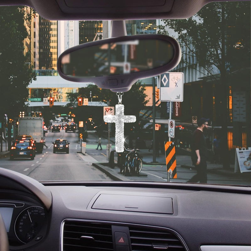Bling Car Rear View Mirror Accessories Hanging Pendant,Cross Crystal Rhinestone For Car Mirror Hanging,Double-Sided Cross Diamond Religious,Interior Men Women Car Accessories Silver White