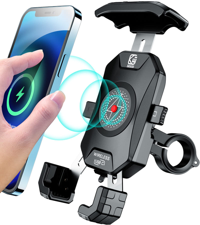 BRCOVAN Motorcycle Phone Mount Holder with Qi 15W Wireless Charger & PD/USB-C 20W Fast Charging Port, [1s Lock] Cellphone Cradle with Aluminum Alloy Handlebar Mounting Base for 4-7'' Smartphone
