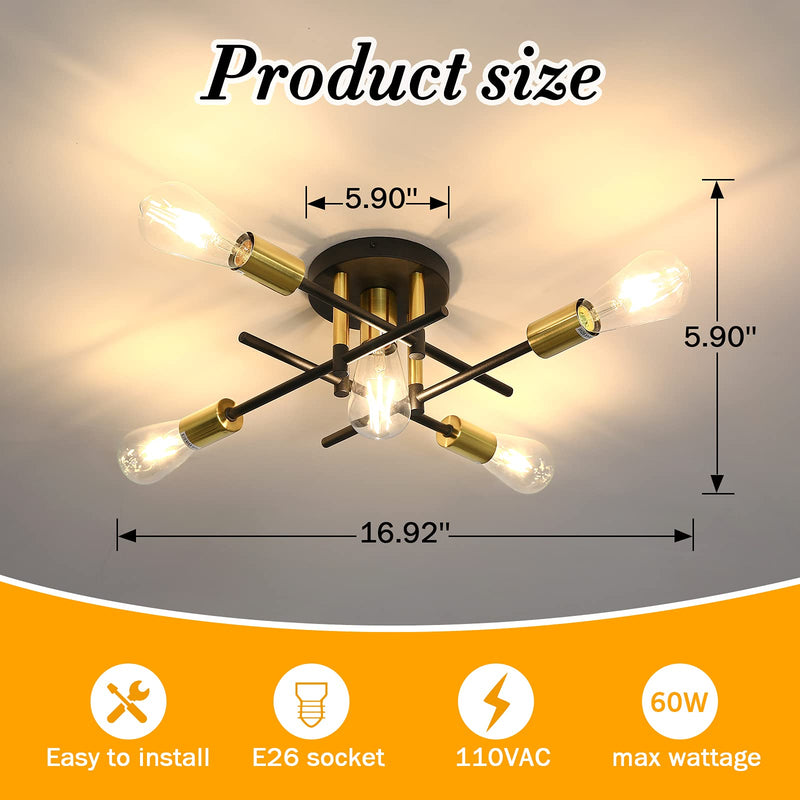 UOFUS Farmhouse 5-Light Semi Flush Mount Ceiling Light Fixture with E26 Modern Matte Black and Gold Chandelier Sputnik Ceiling Lamp for Hallway Kitchen Dining Room Bedroom Study Living Room Bathroom 5 light