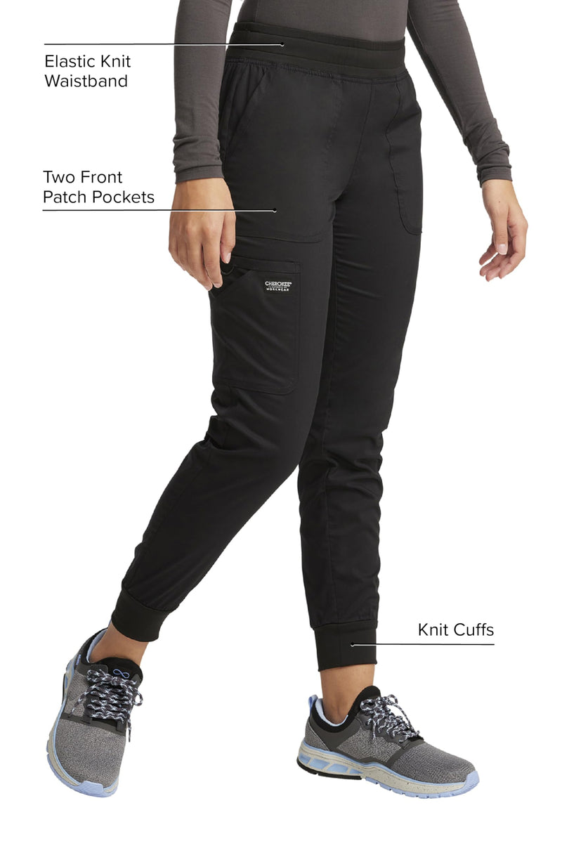 Cherokee Women's Scrub Jogger Pants Modern Classic Fit Mid Rise Bottom with 5 Pockets, Elastic Knit Waistband - WW115 Large Black