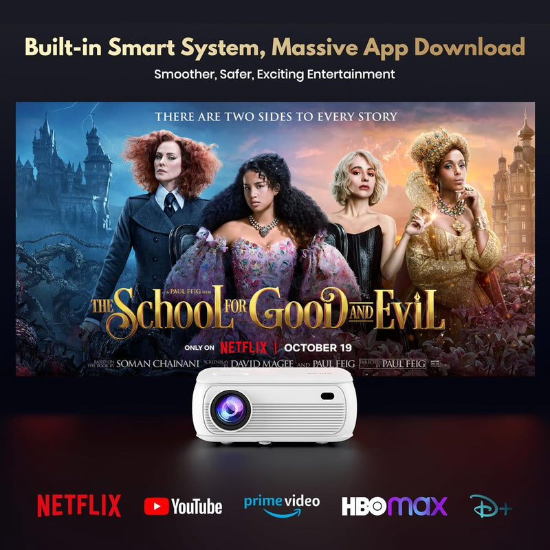 [Smart OS/1080P Native] 4K Projector with WiFi and Bluetooth 1080P Native 4K Support 450ANSI Built-in Apps Smart Android TV OS Projector, WiFi 6, Bluetooth 5.2 & Digital Keystone Projecto, White