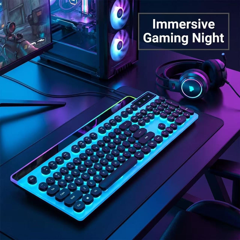 Vintage Round Keycaps Wired Keyboard with RGB LED Backlight, Quiet Gaming Keyboard for PC, Laptop, Desktop, Office & Home(Black) Black2