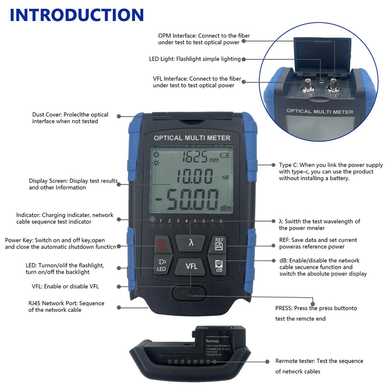 5-in-1 Fiber Optic Cable Tester, Portable Optical Power Meter with Fiber Optic Light, FC/SC/ST Universal Interface medium