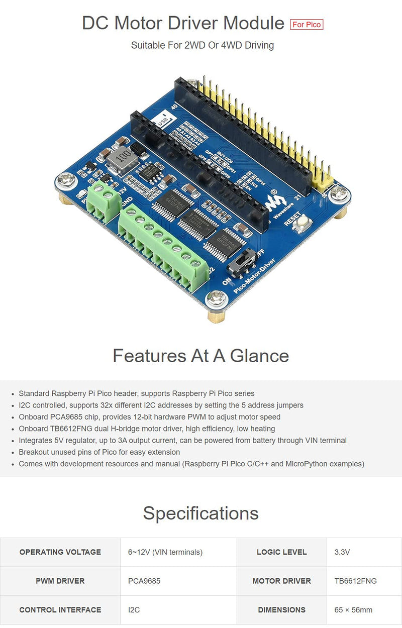 Waveshare DC Motor Driver Module for Raspberry Pi Pico Driving Up to 4X DC Motors Suitable for 2WD or 4WD Driving