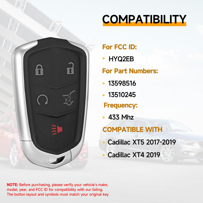 2 Pcs Smart Key Fob Replacement Fits for Cadillac XT5 2017 2018 2019 Cadillac XT4 2019 Car Keyless Entry Control Remote HYQ2EB 433Mhz 46