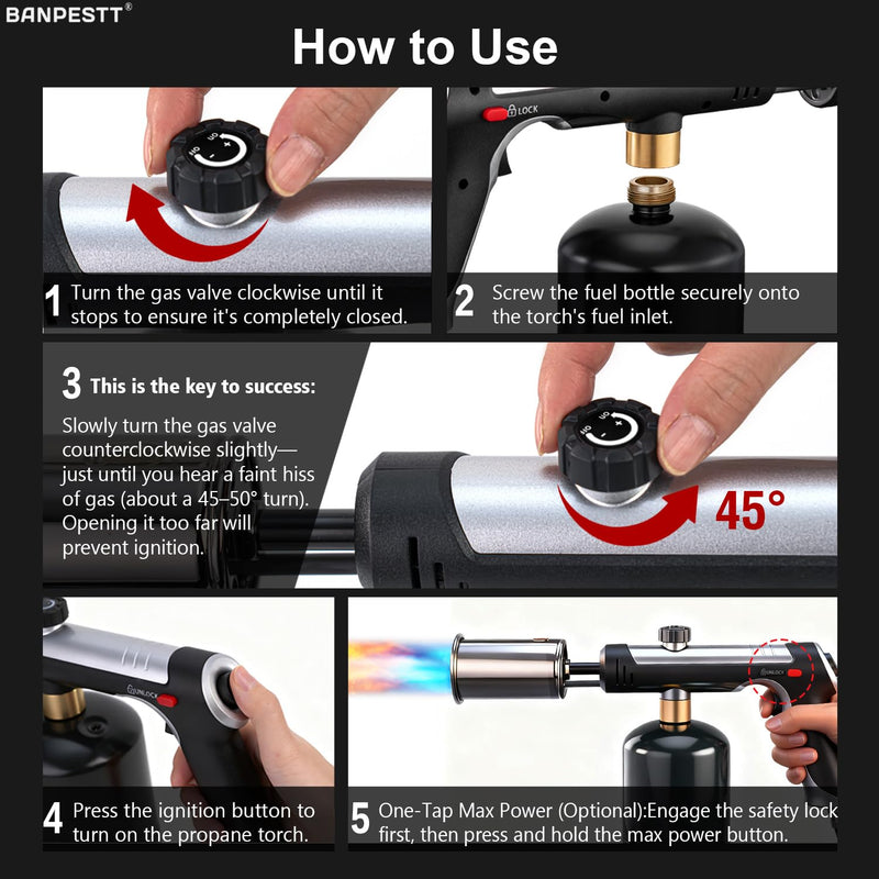 Powerful Propane Torch Gun with One-Tap Max Power & Safety Lock, Adjustable Flame Up to 3,272°F for BBQ, Searing, Camping, Weeding & DIY (Tank Not Included)