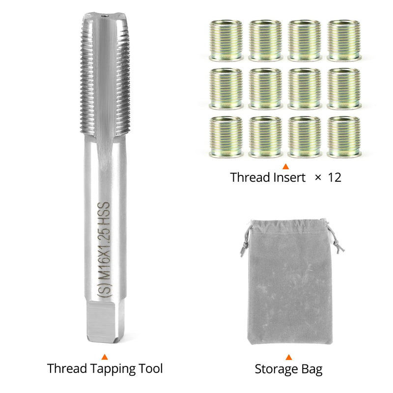 QWORK Spark Plug Thread Repair Tool Kit, Stainless Steel, Includes 12 M14 x 1.25 Inserts & M16 x 1.25 Thread Tap, High Hardness & Galvanized Surface