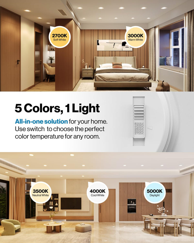 Sunco 4 Pack 5/6 Inch Smooth LED Retrofit Downlight, 965 Lumens, 2700K Soft White, 13W Dimmable, Damp Rated, Bedroom Living Room Bathroom, 120V - UL, FCC, RoHS 5 CCT in One (2700K, 3000K, 3500K, 4000K, 5000K)