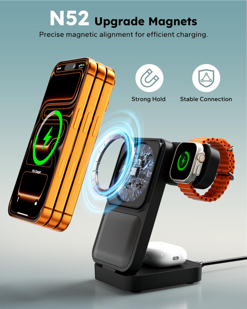 15W Travel Charging Station 3 in 1 Fast Charger Stand for Magsafe | Foldable Compact, Magnetic Wireless Charger Stand for iPhone, Phone Charging Dock for Apple Watch/AirPods(With 30W Adapter) Black