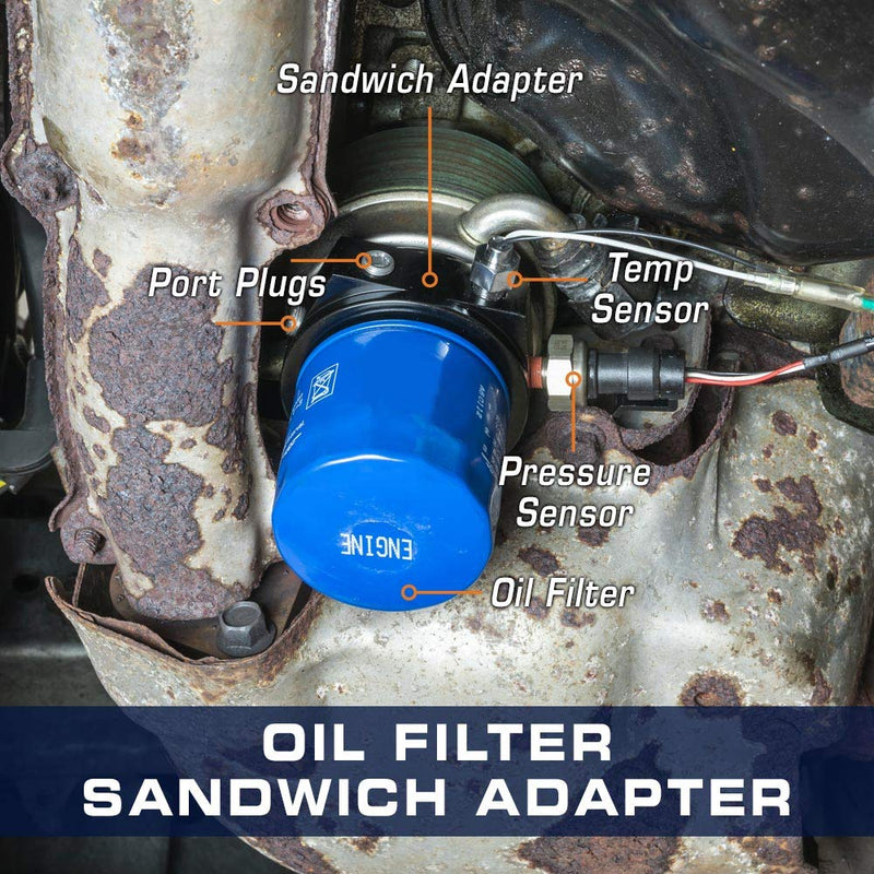 GlowShift Oil Filter Sandwich Plate Thread Adapter - 3/4-16 Thread - Install up to (4) 1/8-27 NPT Oil Pressure & Temperature Sensors - Includes O-Ring & Port Plugs