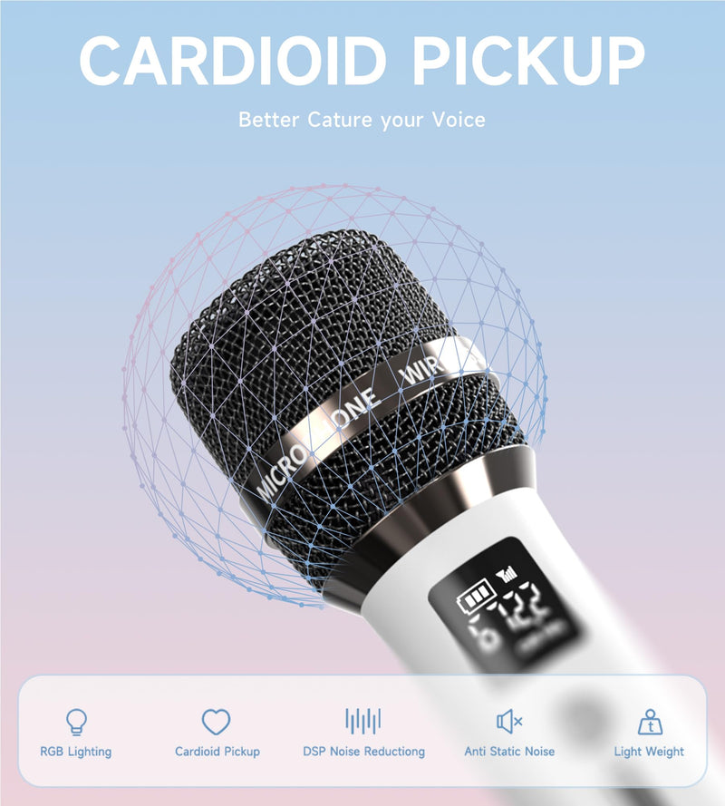 Wireless Microphones, Microphone with One-to-One Chip Connection and LED Lights, 40H Duration, 200FT Range Receiving, Volume Control Karaoke Microphone for Singing, Speech, Home Party, YouTube/TikTok White