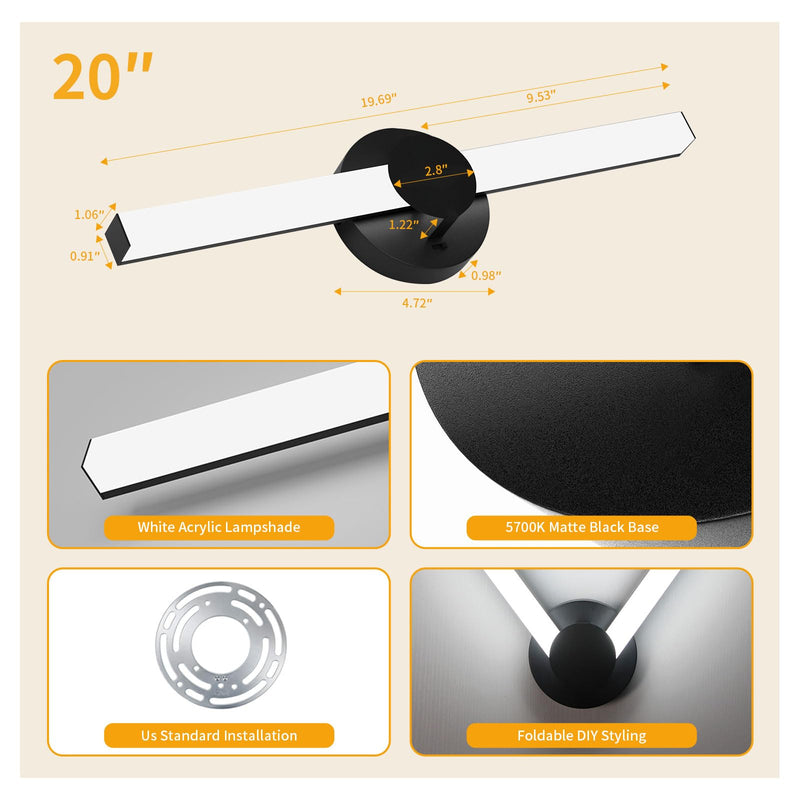 Wall Light Fixture, LED Bathroom Vanity Light Fixtures, Matte Black Modern Dimmable Wall Sconces Lamp for Powder Room, Hallway, Bathroom, Laundry Room, 20inch Cool White 5700K- ETL CERT 20 inch-1pack