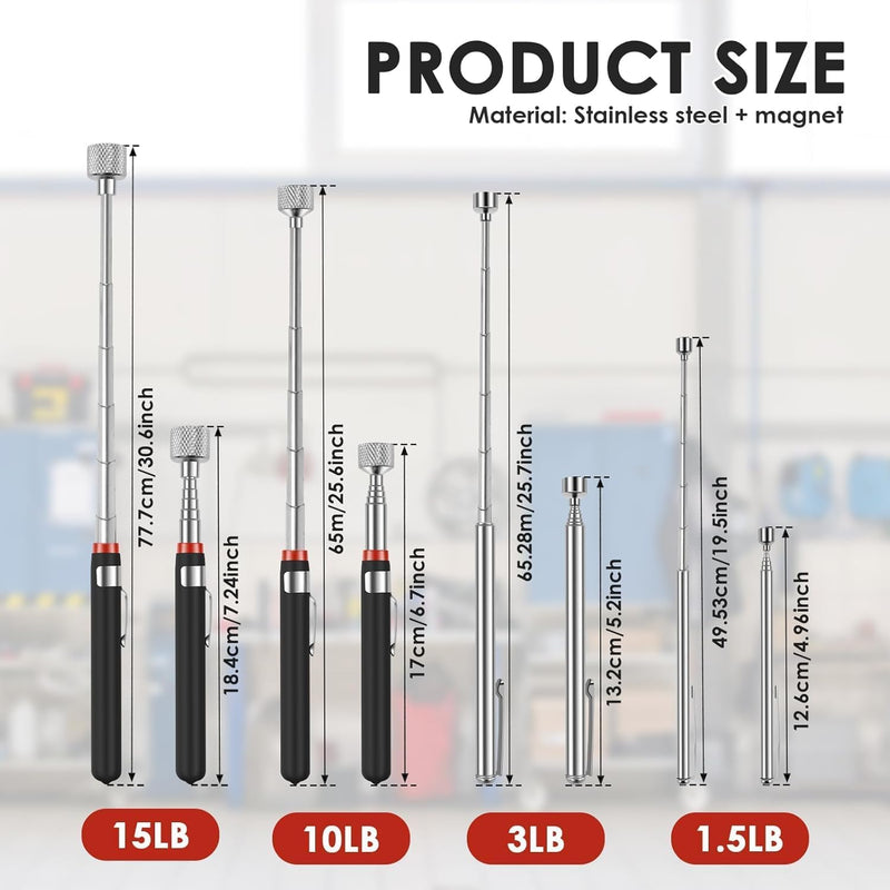16Pcs Telescoping Magnetic Pickup Tool Set, 1.5/3/10/15 LB Extendable Magnet Stick to 30.6 in - Grab Screws Bolts Nails in Tight Spots, Stainless Steel Grabber Retrieval Tool for Mechanics & Sewing 16