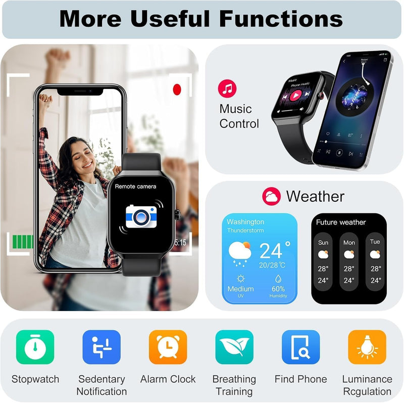 Fempoin Smart Watch for Women Men,1.96" Smartwatch, Answer/Make Call | IP68 Waterproof Fitness Tracker, 100+ Sport Modes, Heart Rate and Sleep Monitor, Pedometer, Smartwatches for Android iOS Black