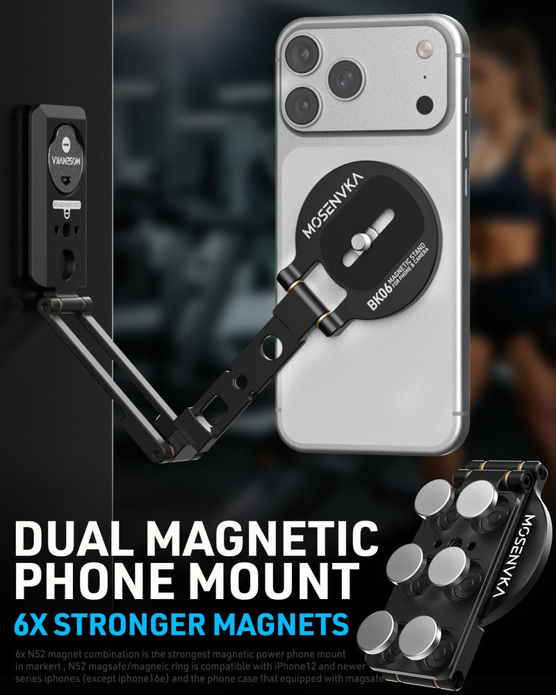 2-in-1 Magnetic Phone Stand & Action Camera Mount, N52 Magnet Phone Holder | for Gym/Desk, for Magsafe iPhone, Arca-Swiss & 1/4" Screw for Insta360 Luna Ultra/DJI Osmo Pocket 3/4/GoPro | Patented Design