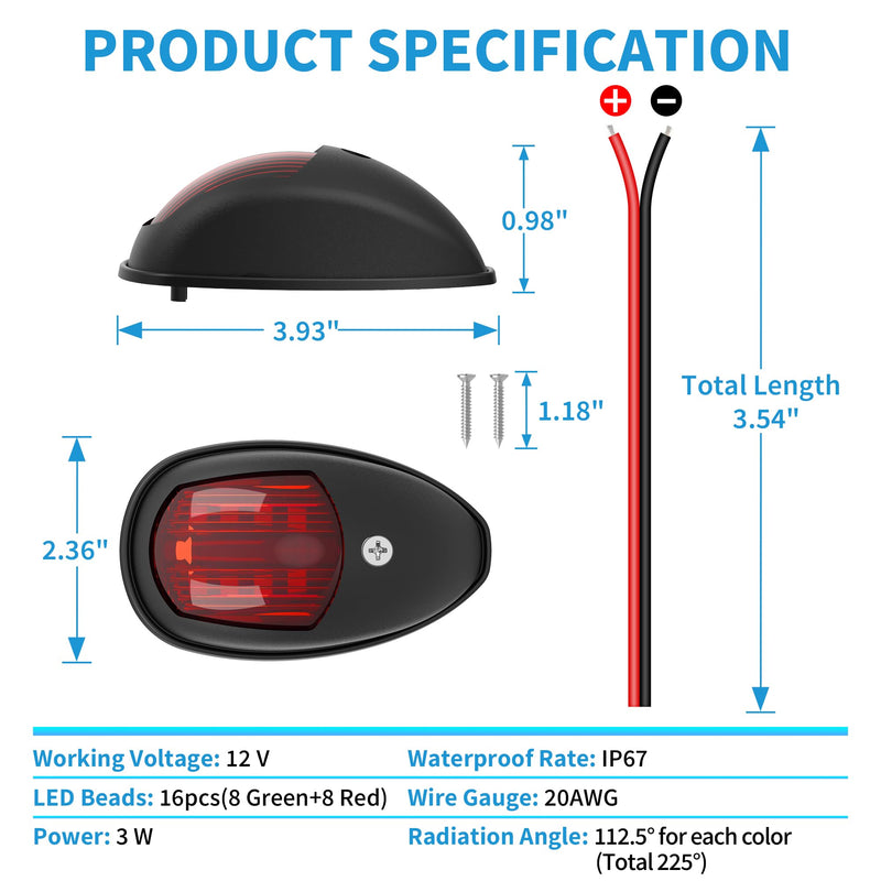 Obcursco Boat Navigation Lights, LED Red and Green Vertical Mount for Bow and Stern, IP67 Waterproof Marine Lights for Pontoon, Bass, and Jon Boats (Black) Black