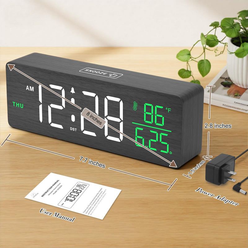 DreamSky Wooden Digital Alarm Clocks for Bedrooms – Large Display Desk Clock with Date & Day of Week for Living Room, Temperature, Dimmer, Adjustable Volume, Auto DST, Office Wood Décor (Plug-in) Black-white-green (Plug-in)