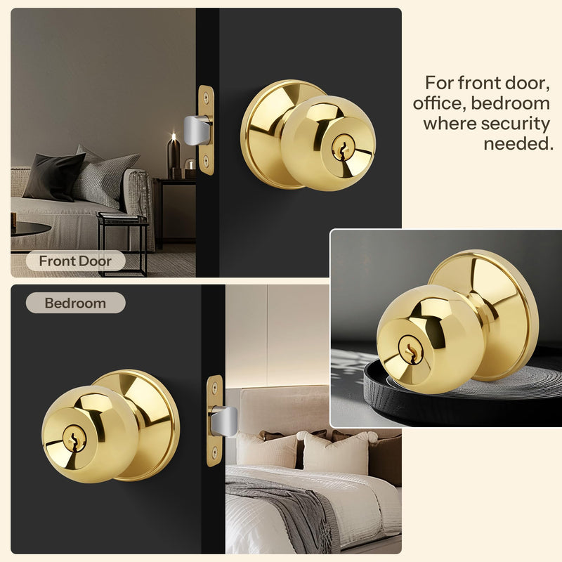 Ball Design Door Knob with Keys and Lock, Keyed Entry Round Shaped Doorknob for Front/Entrance Doors, Polished Brass Finish