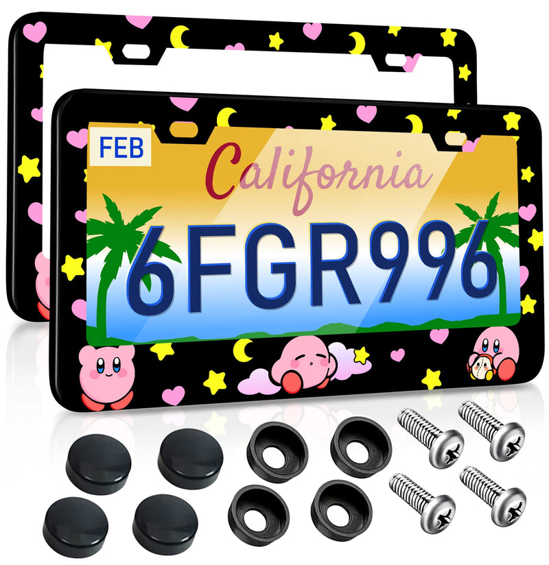 Akkya License Plate Frames 2 Pack for Women Car Plate Holder Cover Cute Cartoon Metal Tag Frame Stainless Steel Car Front Rear Plate Decor 1-Cartoon Pink
