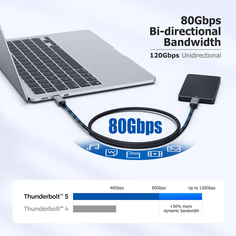 Cable Matters [Intel Certified] 80Gbps Premium Braided Thunderbolt 5 Cable with up to 120Gbps Bandwidth Boost and 240W Charging in Black - 1m / 3.3ft, Compatible with Thunderbolt 4/3, USB4, and USB-C 3.3 Feet