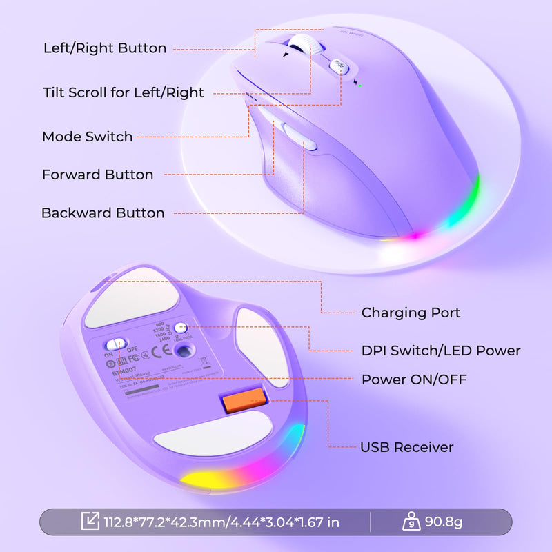 MEETION Wireless Mouse, Ergonomic Bluetooth Mouse for Laptop, Purple | Rechargeable triple-mode mouse with a 4-way tilt wheel, 800–2400 DPI, and multi-device support for Windows, Mac & PC