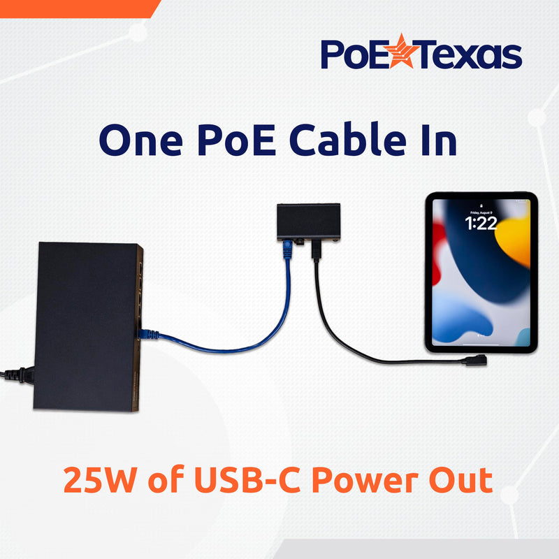 PoE Texas PoE+ to USB-C Splitter - PoE+ Splitter USB-C 25W Power Delivery for iPad, Tablet, Google Nest Cam - Convert PoE to 5V, 9V, 12V, 15V or 20V 30w Power Only