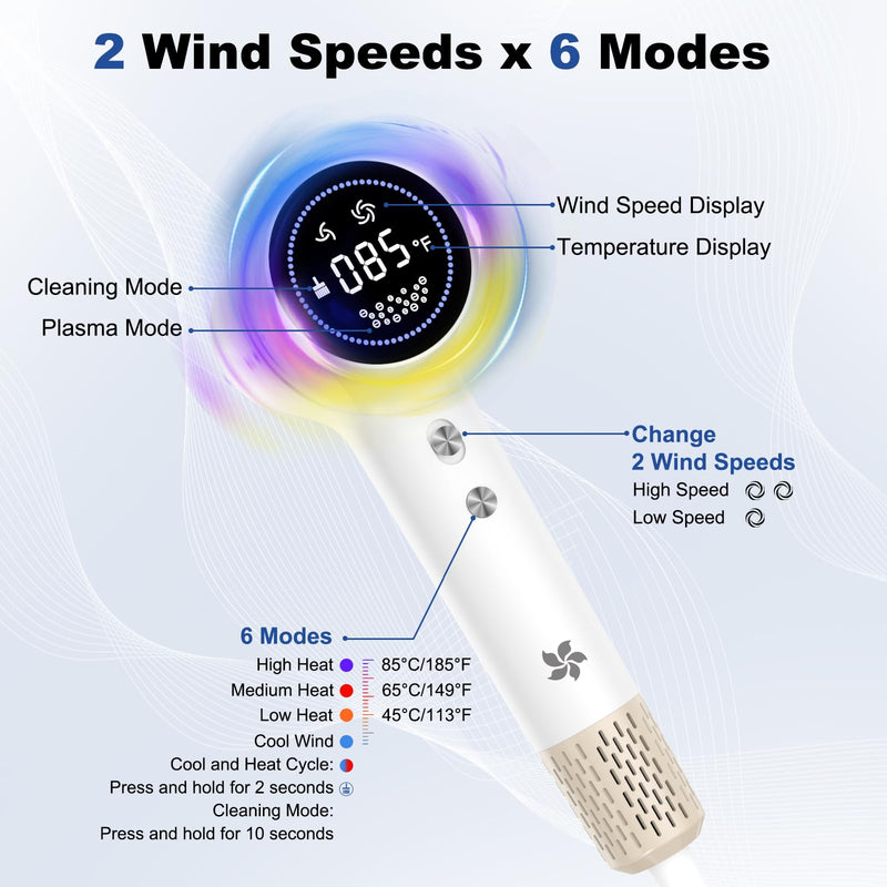 LKV Ionic Hair Dryer Professional Blow Dryer Portable Travel Hairdryer | Plasma Hair Dryers with Concentrator Nozzle, Fast Drying, Low Noise, Anti-Frizz, Small Lightweight Hairdryer for Women Men Pearlwhite