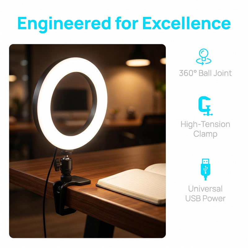 6" Ring Light with Desk Tripod Stand and Clip | Video Conference Lighting, Monitor Laptop Computer Compatible, Zoom Call Live Streaming, Remote Working Learning