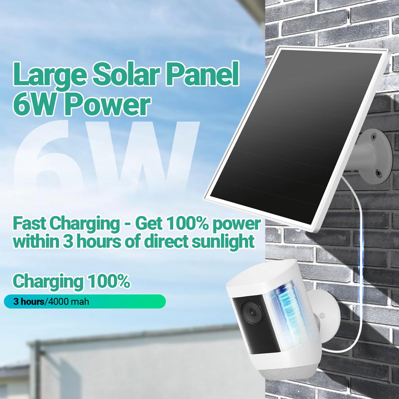 Solar Panel for Ring Camera Outdoor Wireless, Fast Charging 6W Solar Charger with USB-C & Barrel Plug for Ring Stick Up Cam & Spotlight Cam Series, Waterproof, 16ft Cable, White White-106-1
