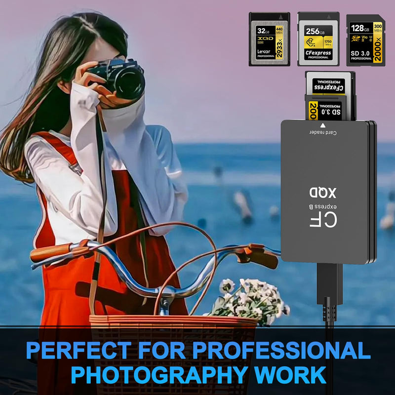 3 in 1 CFexpress Type B & XQD & SD Card Reader 10Gbps USB3.1 Gen2, Aluminum Typ B CFexpress Adapter Camera External Memory Card Reader Support Windows/Mac OS/Linux/Android with USB-A/USB-C Cable,Black Black